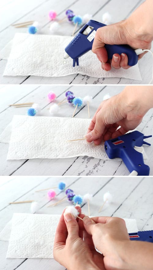 Process to attach sparkly pom poms to toothpicks with hot glue