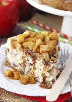 Apple Cinnamon Cheesecake on white plate close up