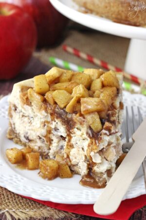 Apple Cinnamon Cheesecake on white plate close up
