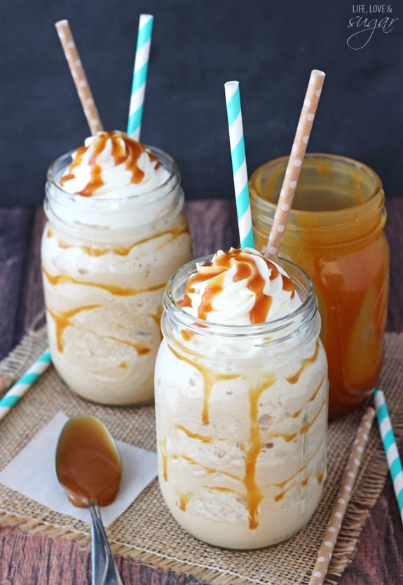 Caramel Blended Coffee in mason jars with straws
