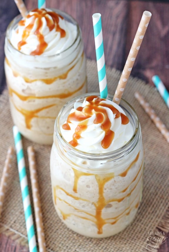 Caramel Blended Coffee in mason jars on burlap