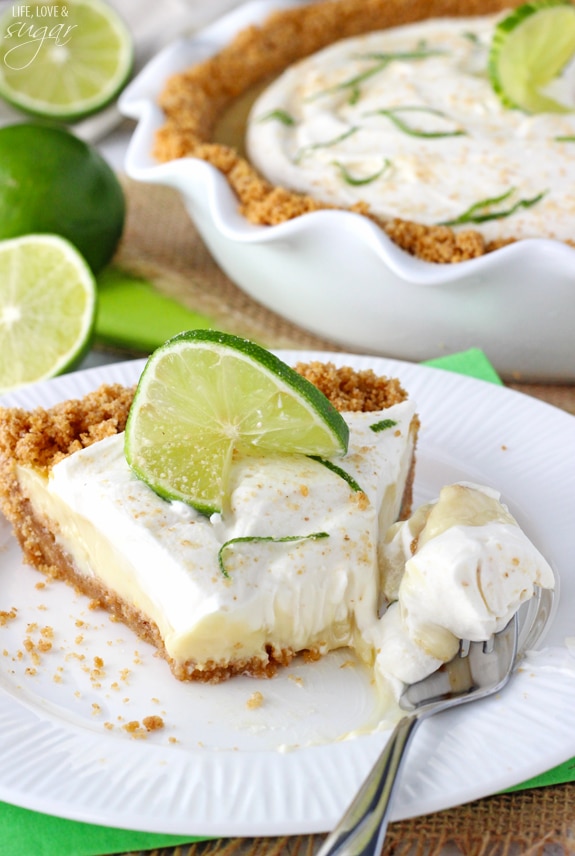 Key Lime Pie slice on a plate with a bite on a fork