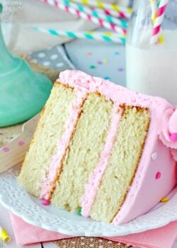 Moist and Fluffy Vanilla Cake slice on white plate 2 close up