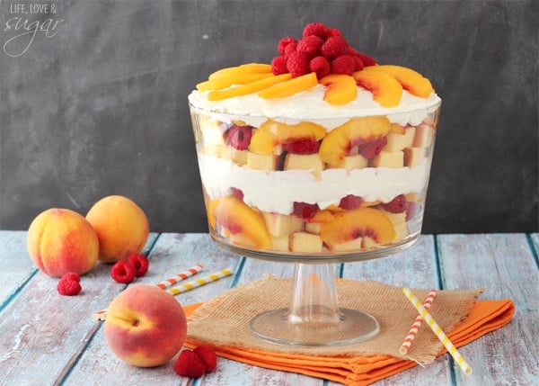 Summer Sangria Trifle with Peaches in a trifle bowl