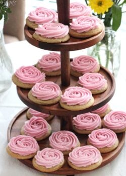 Rosette Sugar Cookies on 3 tiered wooden tray