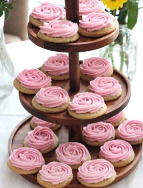 Rosette Sugar Cookies on 3 tiered wooden tray