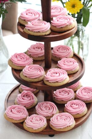 Rosette Sugar Cookies on 3 tiered wooden tray