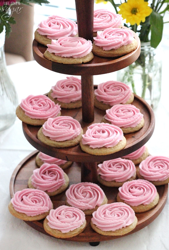 Rosette Sugar Cookies on a 3-tiered dessert stand