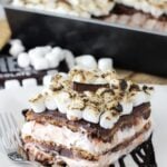 S'Mores Icebox Cake slice on white plate close up