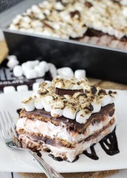 S'Mores Icebox Cake slice on white plate close up