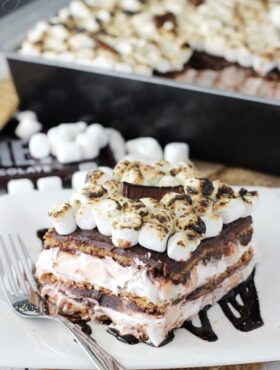 S'Mores Icebox Cake slice on white plate close up
