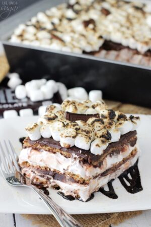 S'Mores Icebox Cake slice on white plate close up