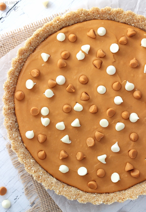 Top view of a White Chocolate Butterscotch Tart in a homemade crust