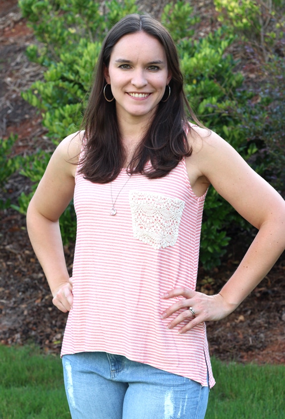 A Pink Striped Top with a White Lace Front Breast Pocket