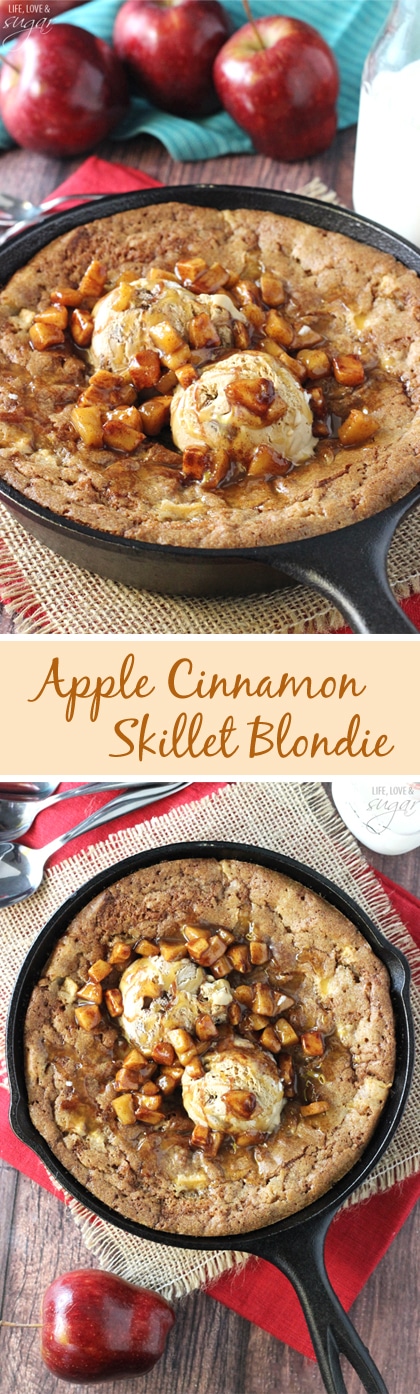 Apple Cinnamon Skillet Blondie - a spiced blondie full of apples, topped with ice cream and warm cinnamon apples!