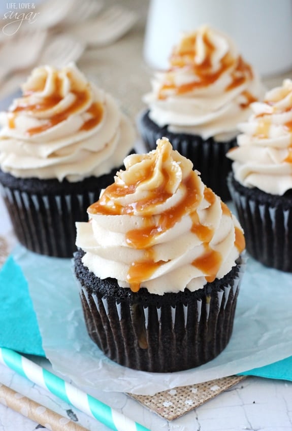 Close-up of Kahlua Chocolate Cupcakes with a Salted Caramel Drizzle