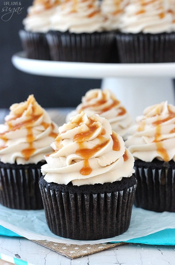 Kahlua Chocolate Cupcakes with a Salted Caramel Drizzle on a napkin