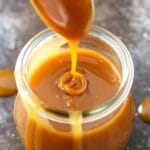 overhead image of Homemade Caramel Sauce in jar