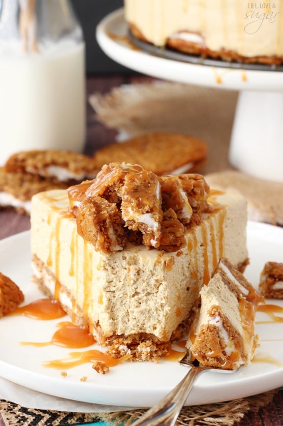 No Bake Oatmeal Cream Pie Cheesecake slice on a plate with a bite on a fork