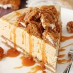 A Slice of No Bake Oatmeal Cream Pie Cheesecake on a plate