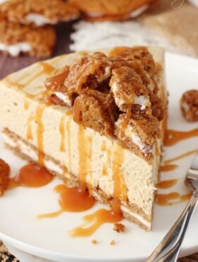 A Slice of No Bake Oatmeal Cream Pie Cheesecake on a plate