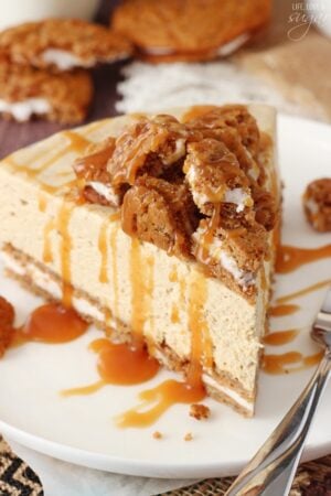 A Slice of No Bake Oatmeal Cream Pie Cheesecake on a plate