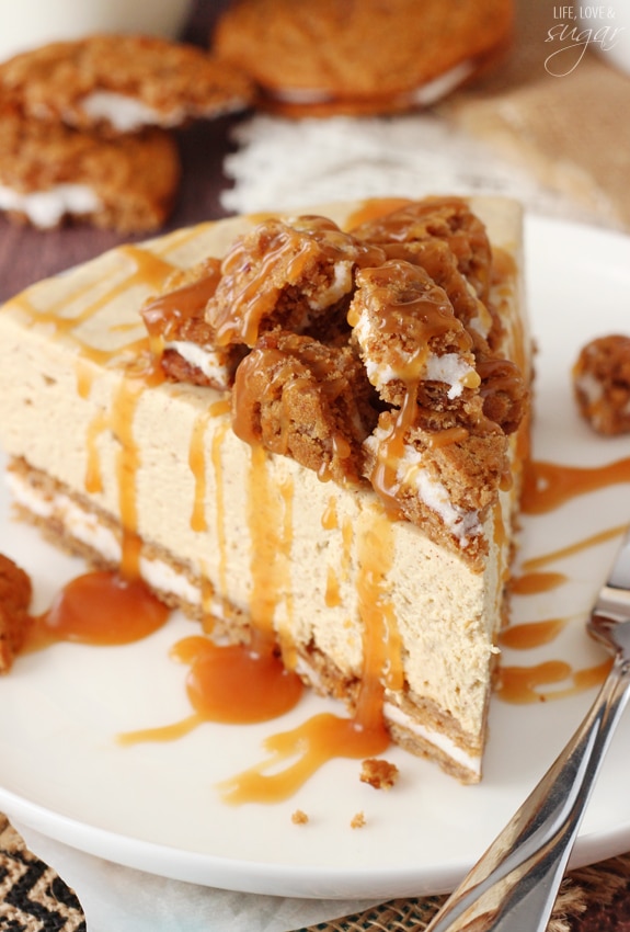 No Bake Oatmeal Cream Pie Cheesecake slice on a plate