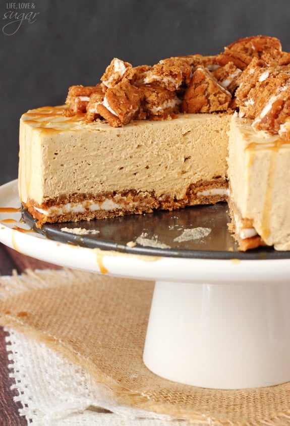 No Bake Oatmeal Cream Pie Cheesecake with a slice removed