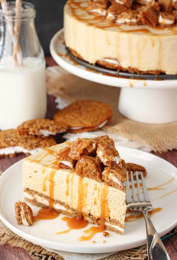 No Bake Oatmeal Cream Pie Cheesecake slice on a plate