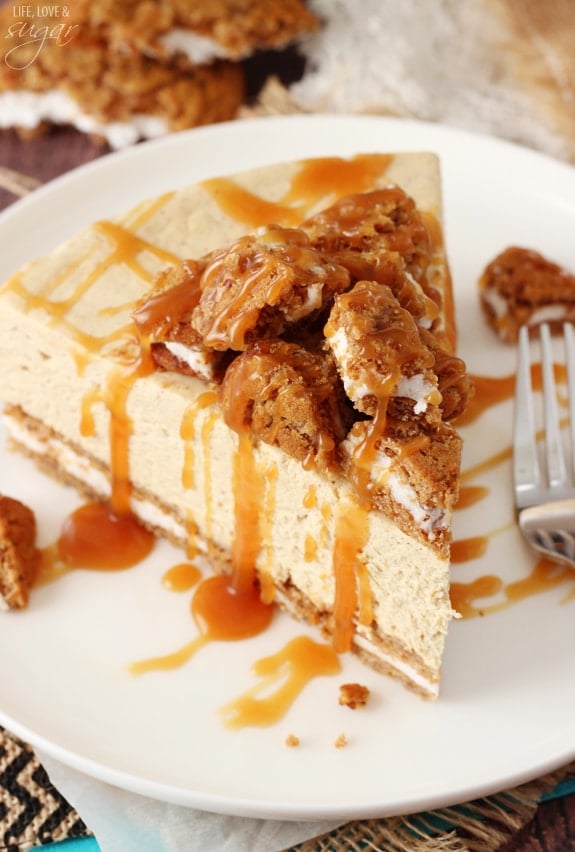 No Bake Oatmeal Cream Pie Cheesecake slice on a plate