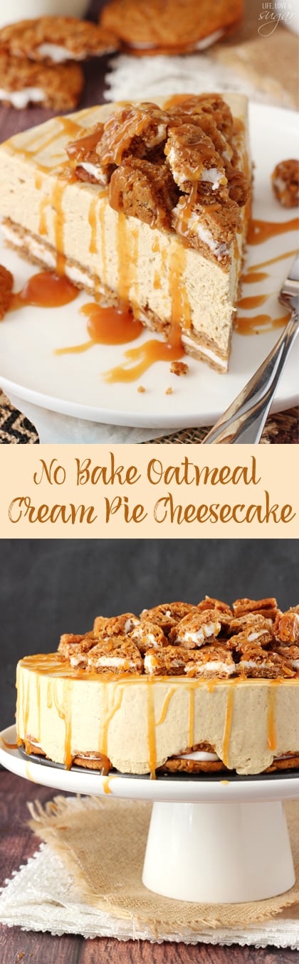 No Bake Oatmeal Cream Pie Cheesecake - cream pies as the crust with a spiced no bake cheesecake and caramel drizzle!