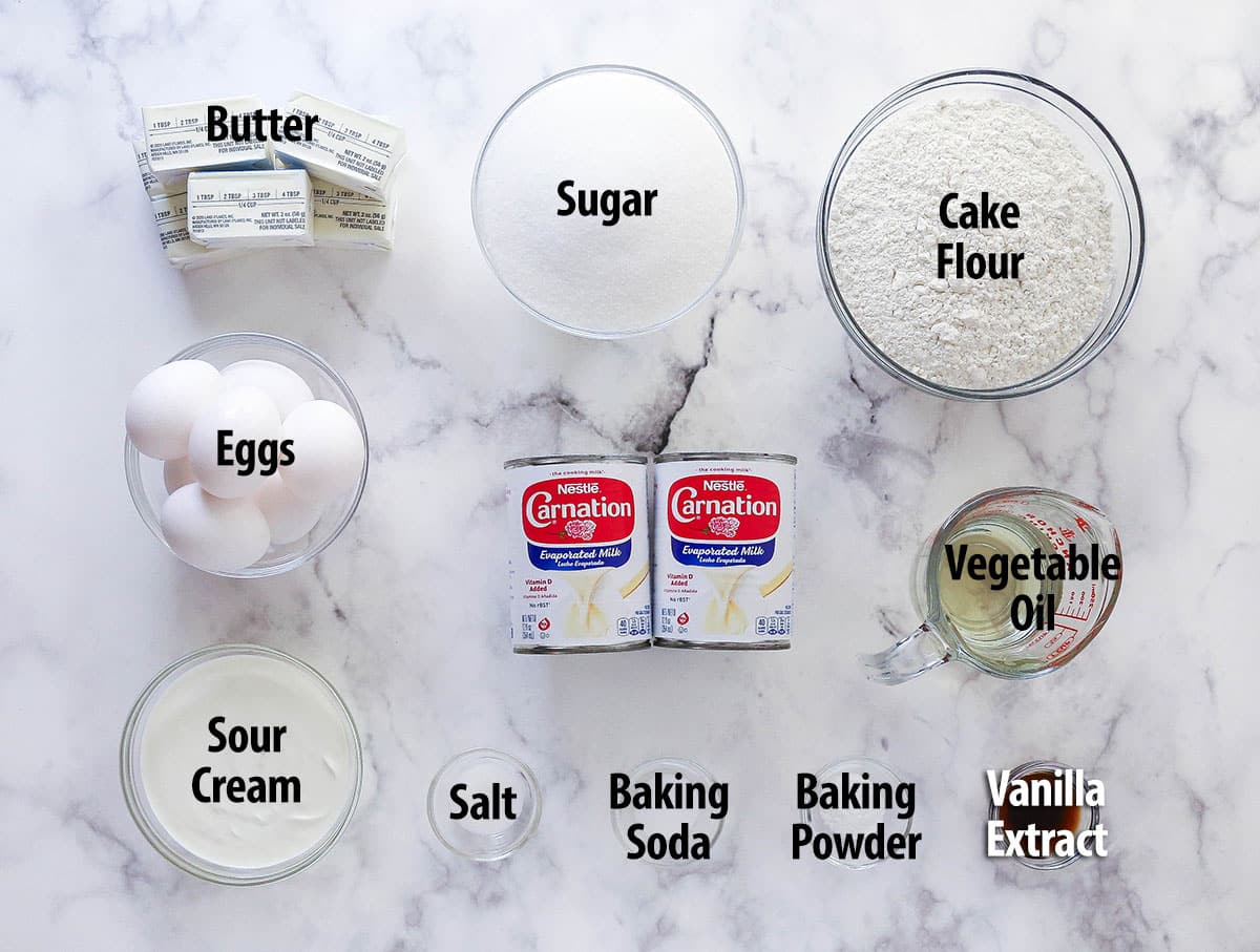 ingredients for caramel cake on marble countertop