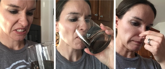 A Collage of Three Images of Lindsay Drinking the Liquid From the Packets