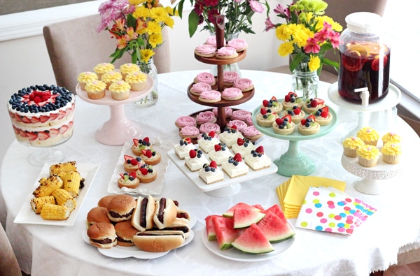 End of Summer Party table featuring fruit and flower themed desserts!