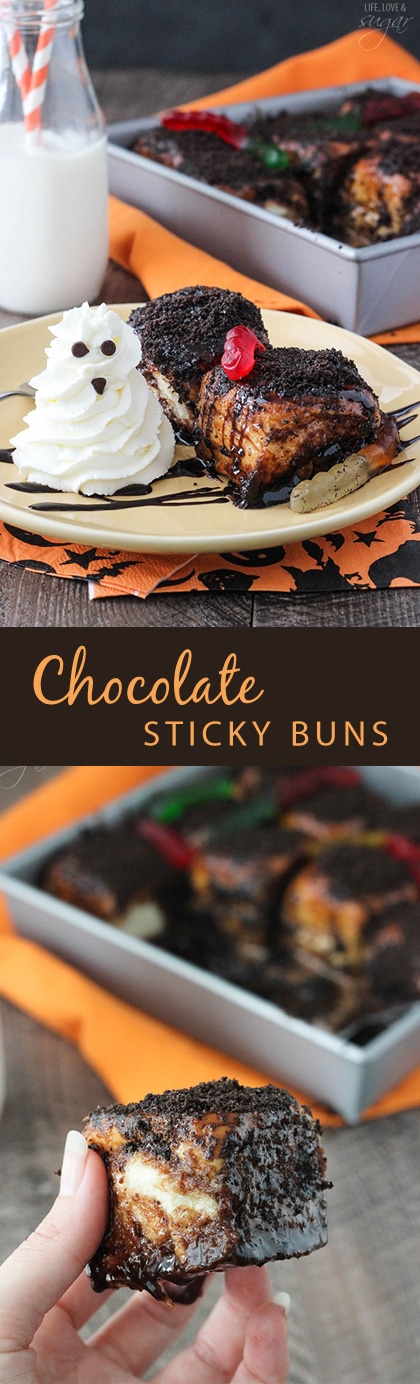 Spooky Chocolate Sticky Buns - with worms and ghosts for Halloween! Made easy with Kings Hawaiian Bread and SO good!