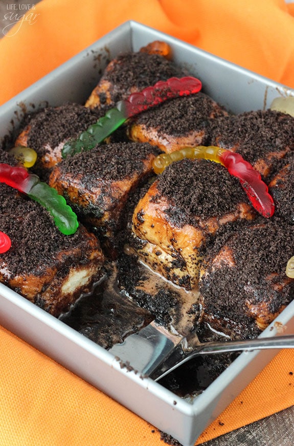 A tray of Chocolate Sticky Buns with gummy worms