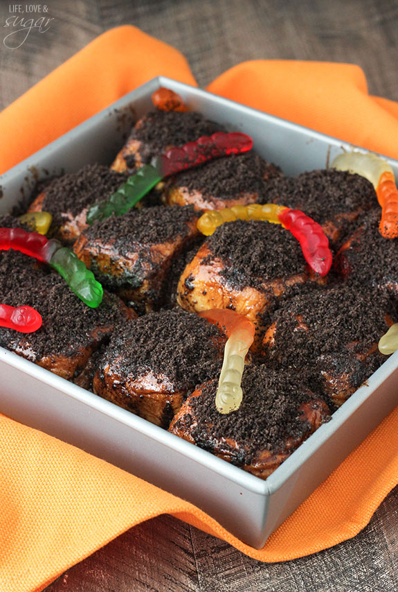 Halloween themed Sticky Buns in a tray with gummy worms