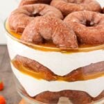 Close-up view of Pumpkin Spice Donut Cheesecake Trifle in a trifle bowl