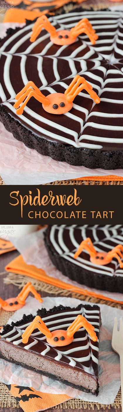 Spiderweb Chocolate Tart - a light chocolate tart with a chocolate ganache spiderweb and spiders made easily with candy melts!