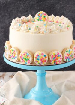 Baileys Frosted Vanilla Cookie Layer Cake on blue stand