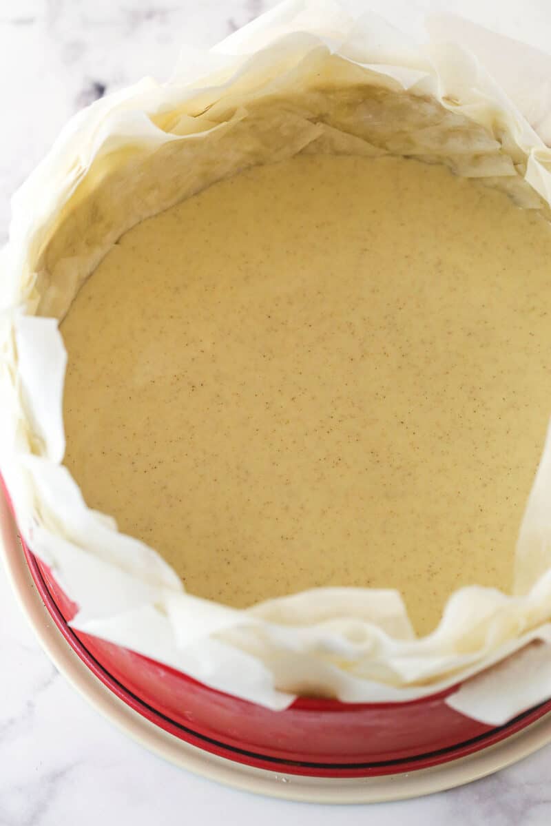 With a phyllo dough crust, creamy cheesecake filling, and honey walnut topping, Baklava Cheesecake is a fun twist on the traditional dessert. Cheesecake filling in a phyllo dough crust
