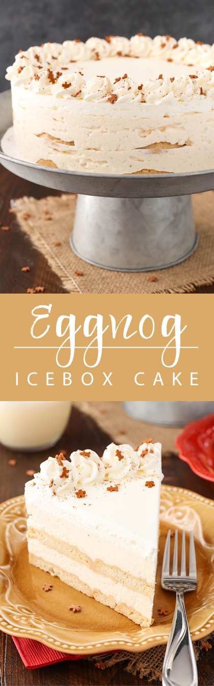 No Bake Eggnog Icebox Cake - layers of eggnog mousse, whipped cream and Walkers shortbread cookies! So easy to make and great for Christmas! Great eggnog flavor!