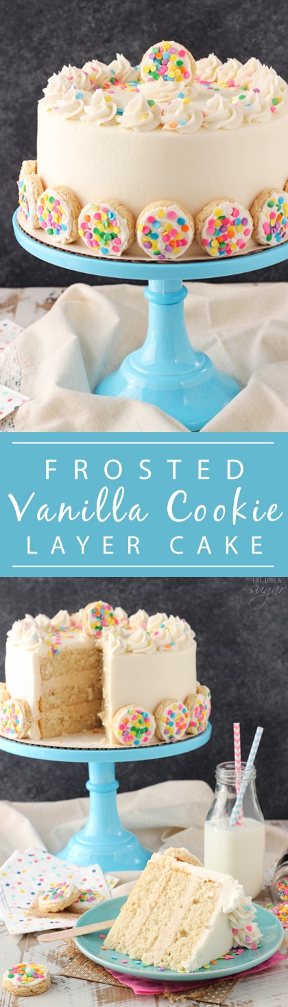BAILEYS Frosted Vanilla Cookie Layer Cake - cake layers are flavored with Frosted Vanilla Cookie creamer, then filled with a sugar cookie filling!