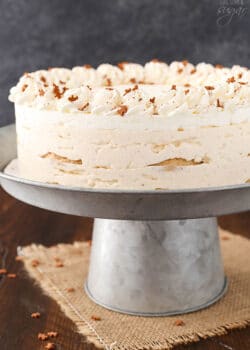 No Bake Eggnog Icebox Cake on silver stand