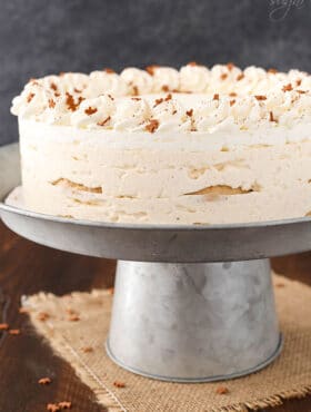 No Bake Eggnog Icebox Cake on silver stand