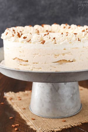 No Bake Eggnog Icebox Cake on silver stand