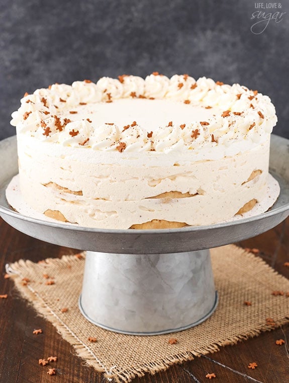 Eggnog icebox cake on a metal cake stand.