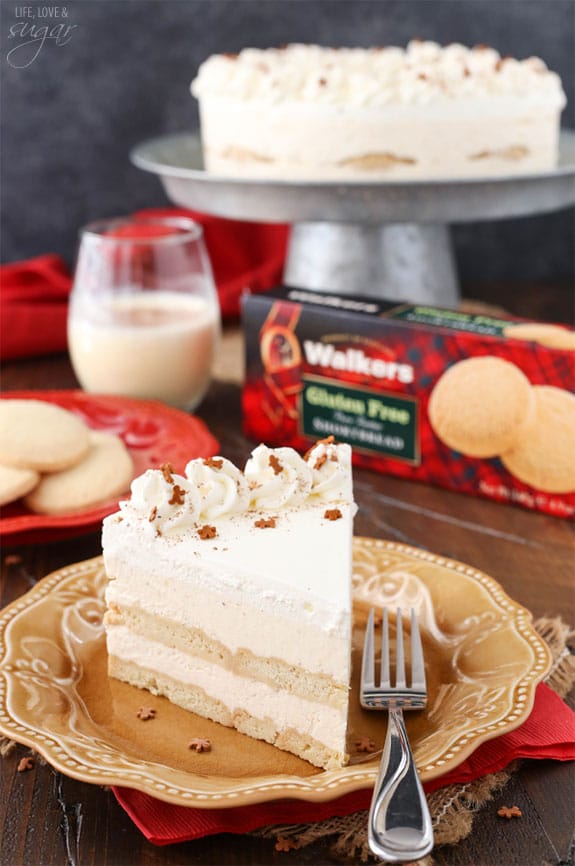 A slice of no bake eggnog icebox cake on a yellow plate