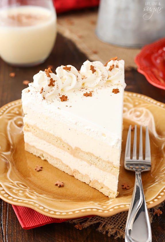 Slice of eggnog icebox cake with layers on a plate