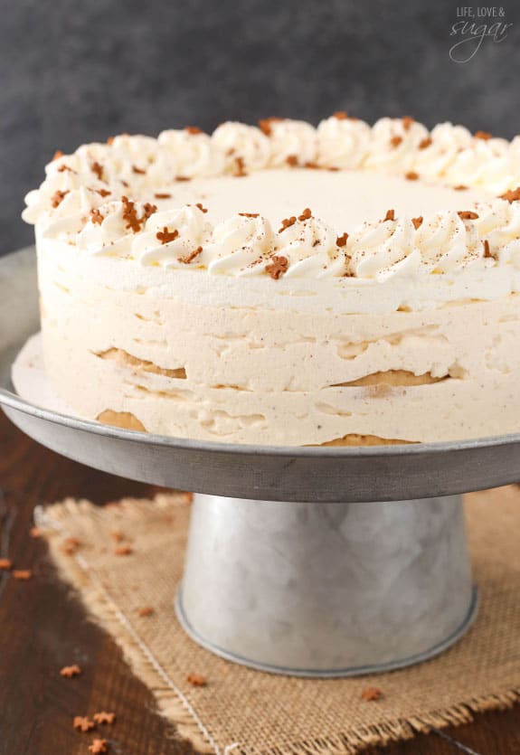 Eggnog icebox cake on a cake stand